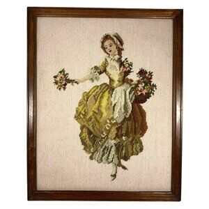 Framed Needlepoint Petitpoint Gobelin French Country Lady Bouquet Flowers Bosom